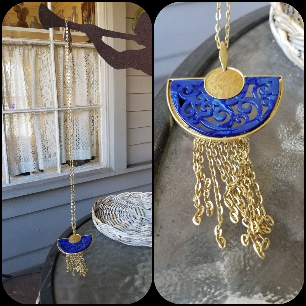 Boho Chic Filagree Resin Crescent Half Moon long chain Fringe statement necklace